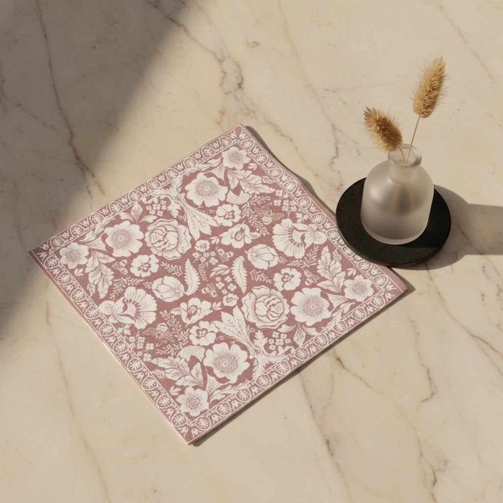 Eclectic floral dusty pink napkin with white botanical print on a marble surface next to a small glass vase.