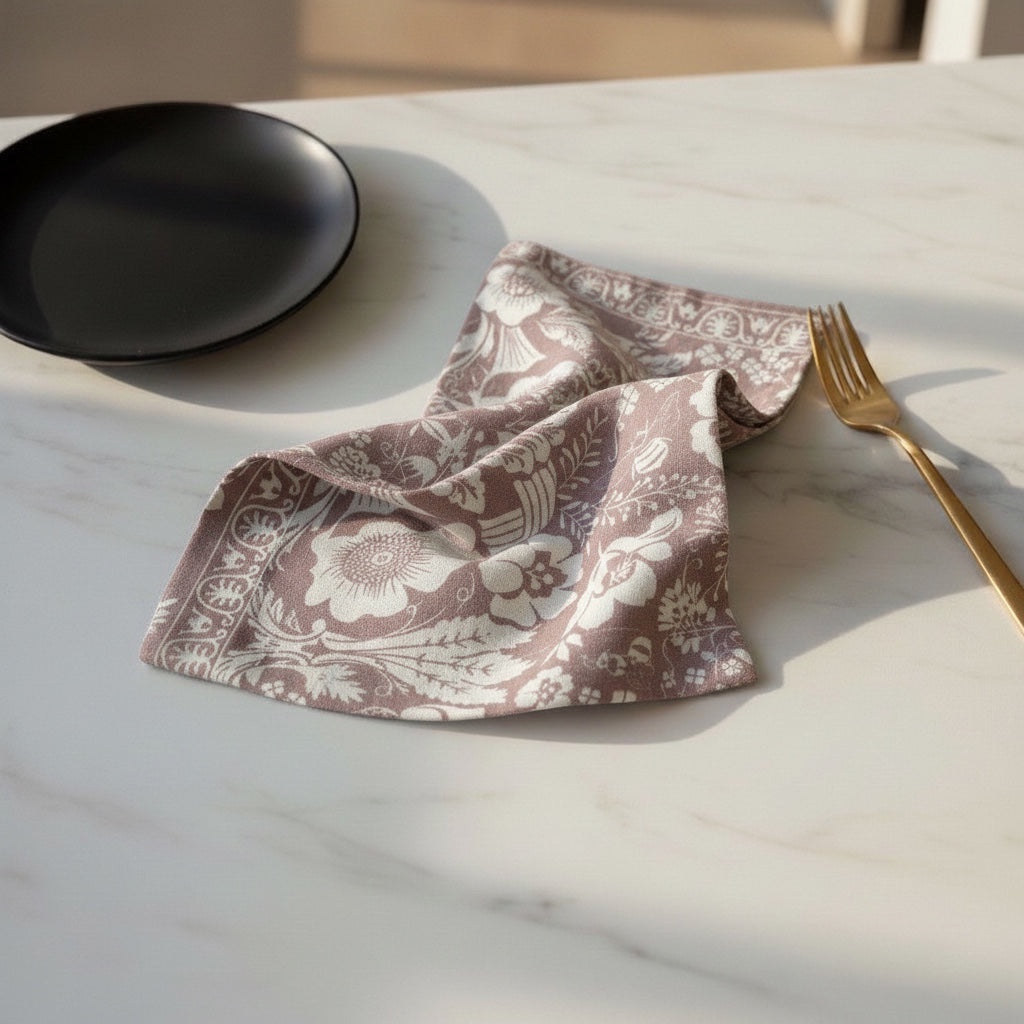 Eclectic floral dusty pink napkin with white botanical print on a marble table with a black plate and gold fork