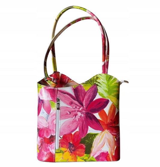 Eclectic Florence floral print leather convertible shoulder bag and backpack with silver hardware and asymmetric design.