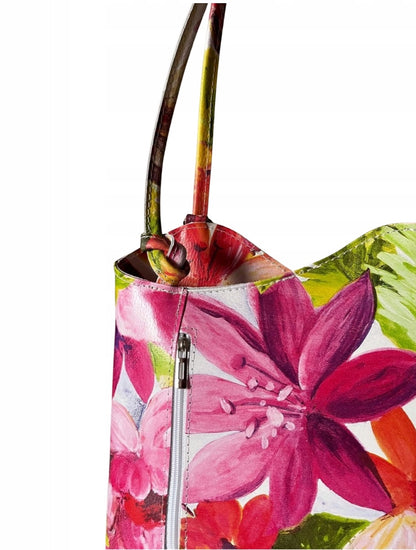 Eclectic Florence floral print genuine leather convertible bag with silver-tone hardware and vertical zip detail.
