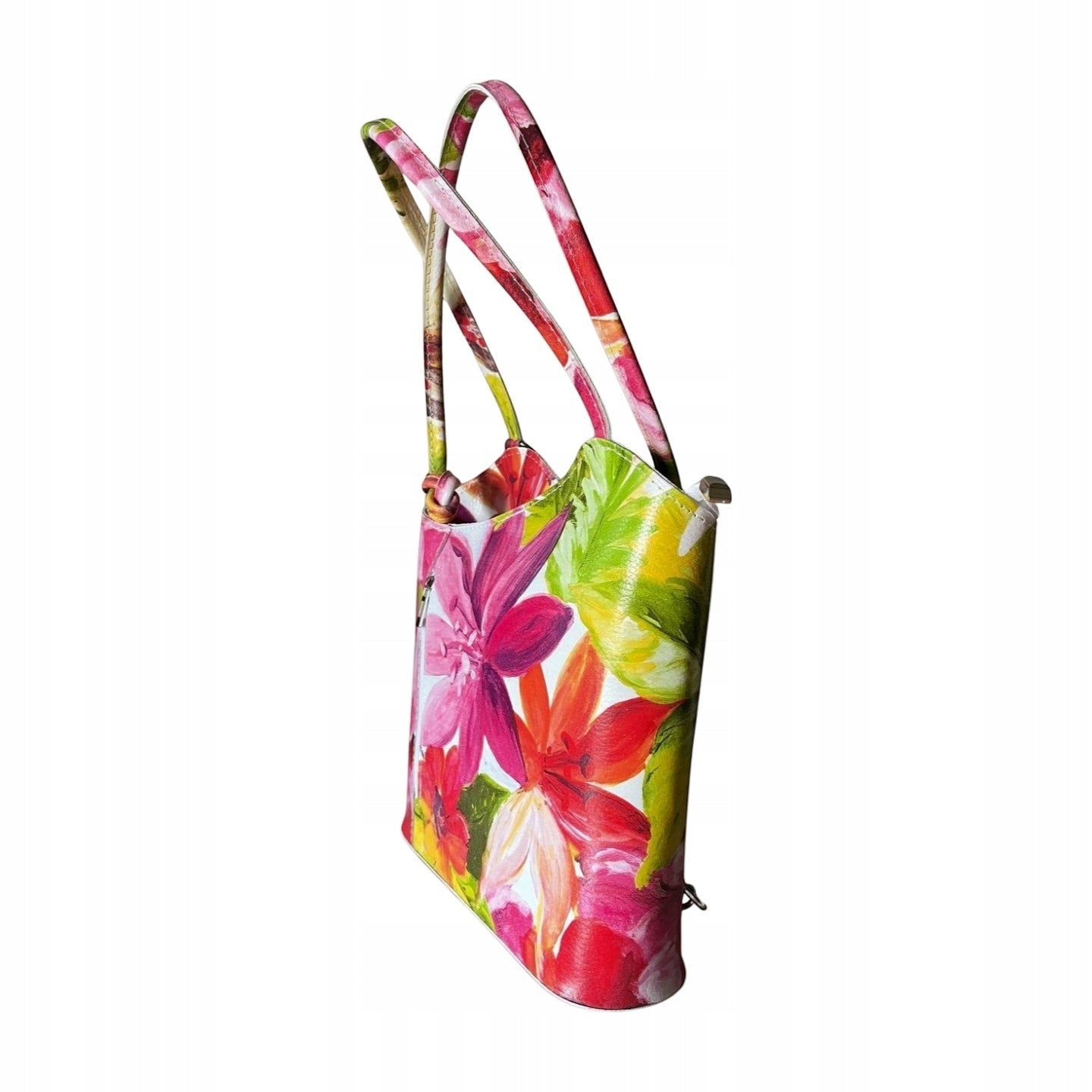 Eclectic floral print leather convertible shoulder bag and backpack with an asymmetric silhouette and silver hardware.