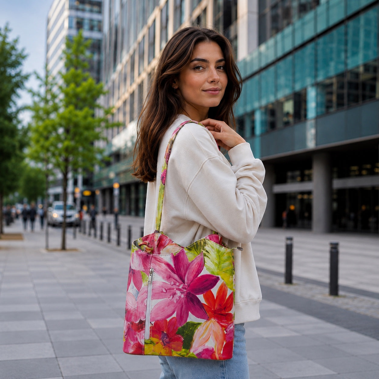 Eclectic Florence floral leather convertible bag worn as a shoulder bag by a woman on a city street.