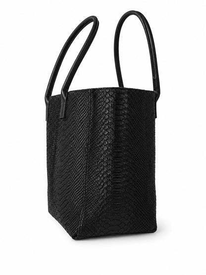 Eclectic Florenza black suede shopper bag with a textured snake-print finish and tall top handles.