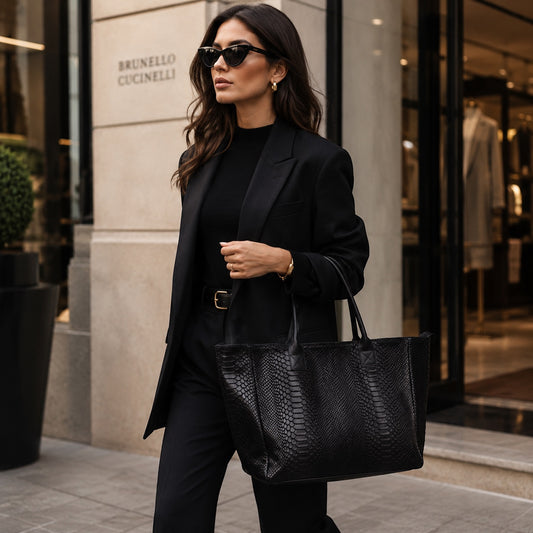 Eclectic Florenza black suede shopper bag with snake-print texture carried by a woman in a black blazer on a city street.