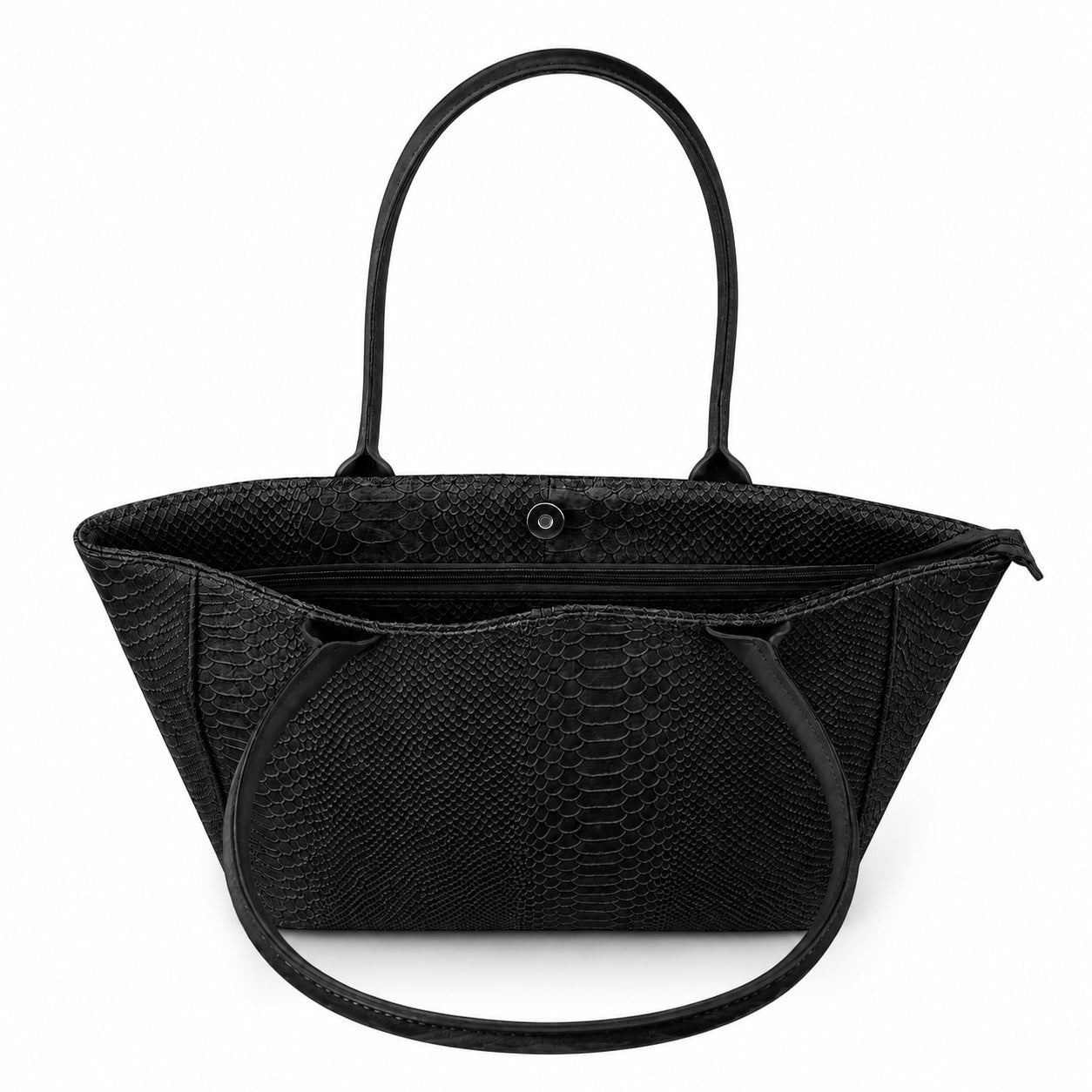 Eclectic Florenza black suede shopper bag with snake-print texture, top handles, and convertible side-clip design.