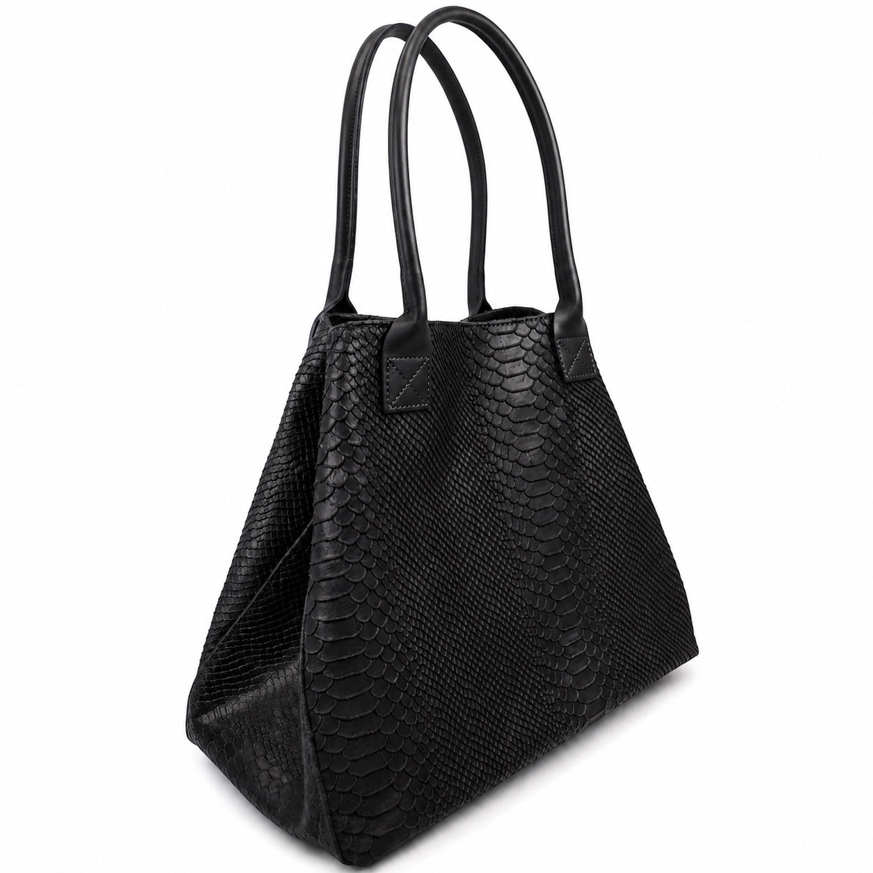 Eclectic Florenza black suede shopper bag with a textured snake-print finish and dual top handles.
