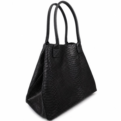 Eclectic Florenza black suede shopper bag with a textured snake-print finish and dual top handles.