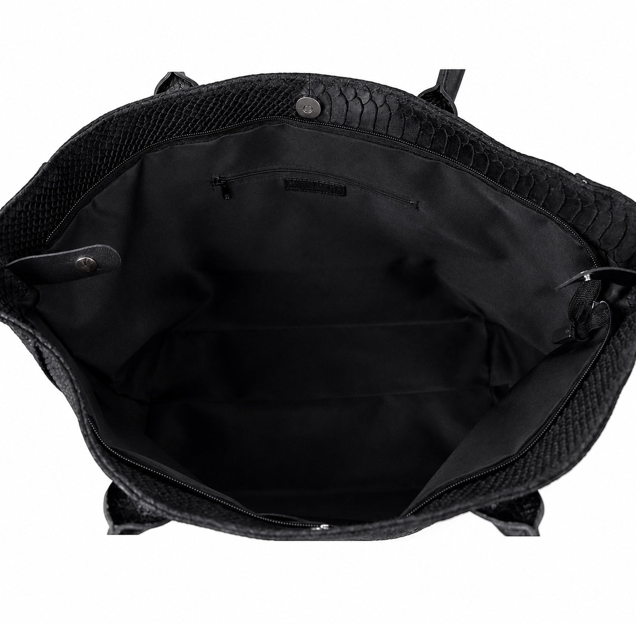 Eclectic Florenza black suede shopper bag interior view showing spacious compartment with zip and slip pockets