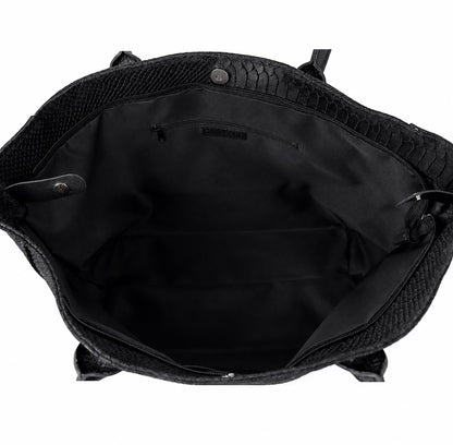 Eclectic Florenza black suede shopper bag interior view showing spacious compartment with zip and slip pockets