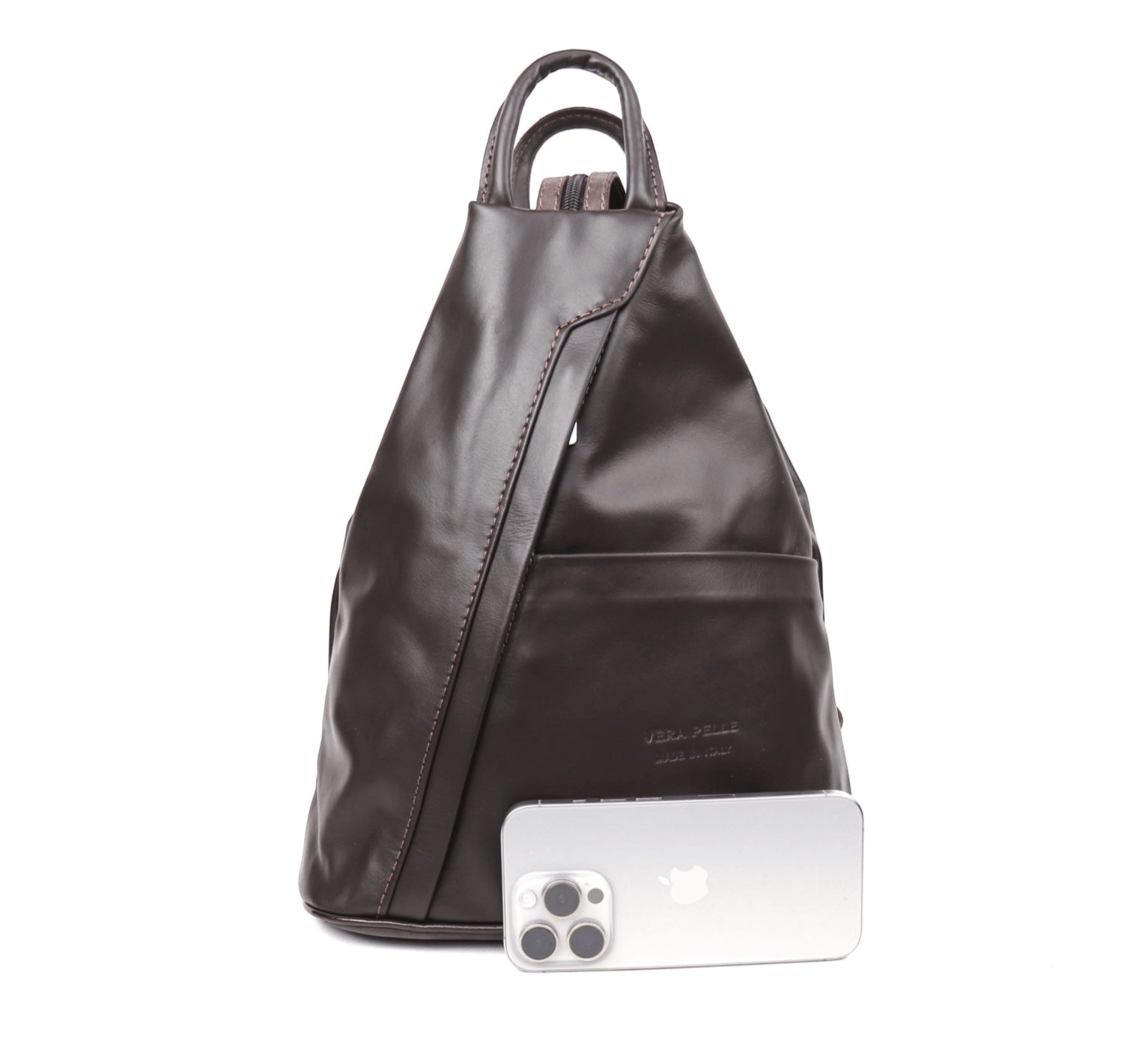 Eclectic Florenza dark brown leather backpack with a convertible zip strap for shoulder or rucksack carry.
