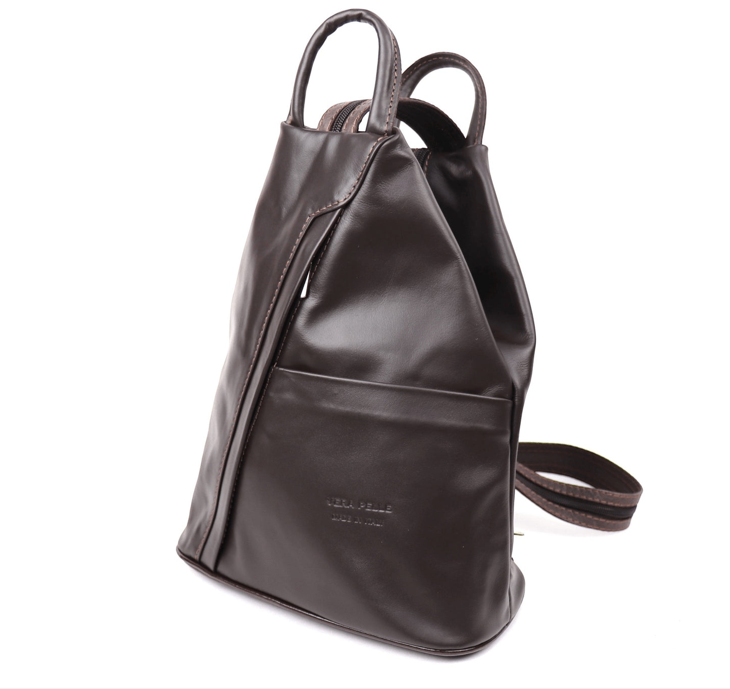 Eclectic Florenza large dark brown leather backpack with convertible zip straps for shoulder or crossbody wear.