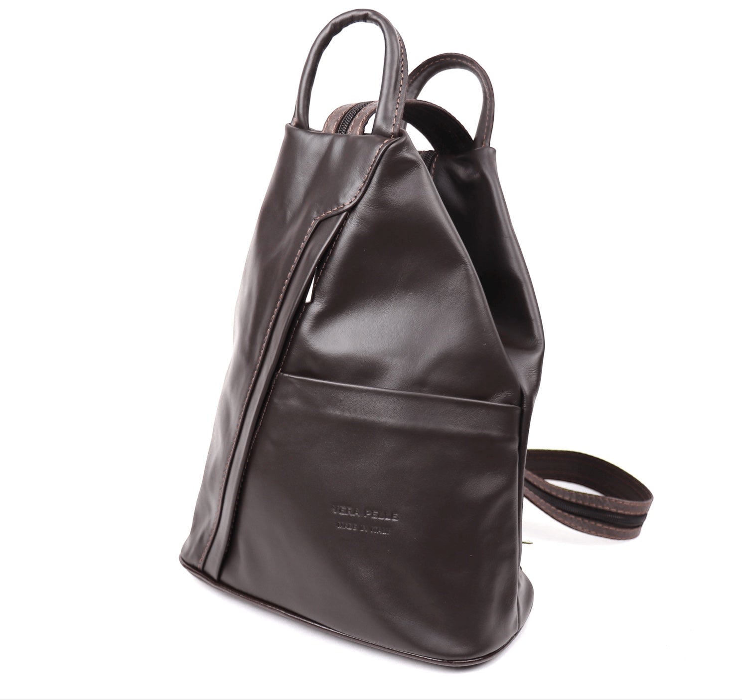 Eclectic Florenza large dark brown leather backpack with convertible zip straps for shoulder or crossbody wear.
