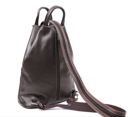 Eclectic Florenza dark brown leather convertible backpack with zip strap for shoulder or crossbody wear.