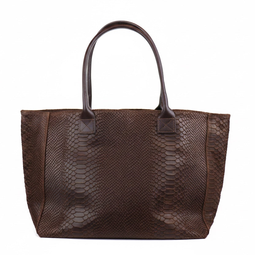 Eclectic Florenza chocolate brown suede shopper bag with a luxurious snake-print texture and elegant top handles.