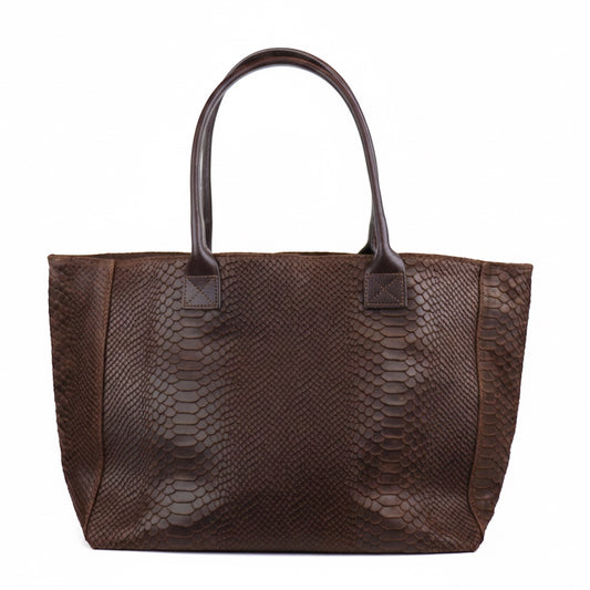 Eclectic Florenza chocolate brown suede shopper bag with a luxurious snake-print texture and elegant top handles.