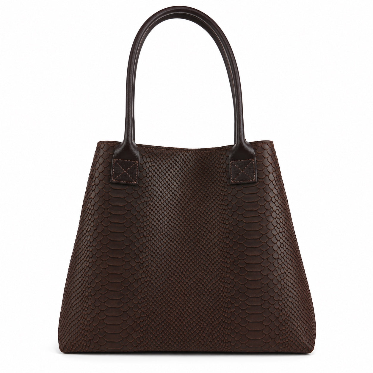 Eclectic Florenza chocolate brown suede shopper bag with a luxurious snake-print texture and elegant top handles.