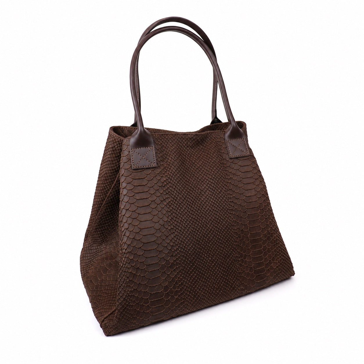 Eclectic Florenza chocolate brown suede shopper bag with a luxurious snake-print texture and elegant top handles.