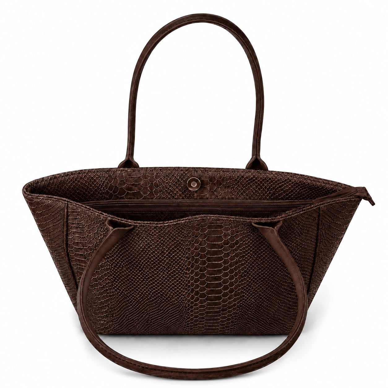 Eclectic Florenza chocolate brown suede shopper bag with snake-print texture and top handles on a white background.
