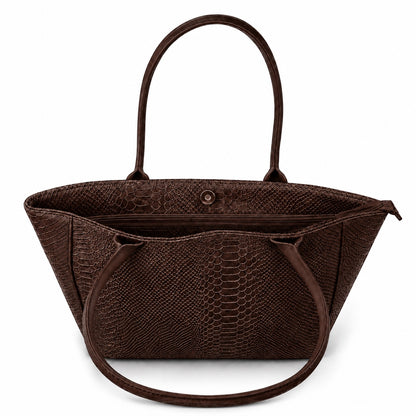 Eclectic Florenza chocolate brown suede shopper bag with snake-print texture and top handles on a white background.