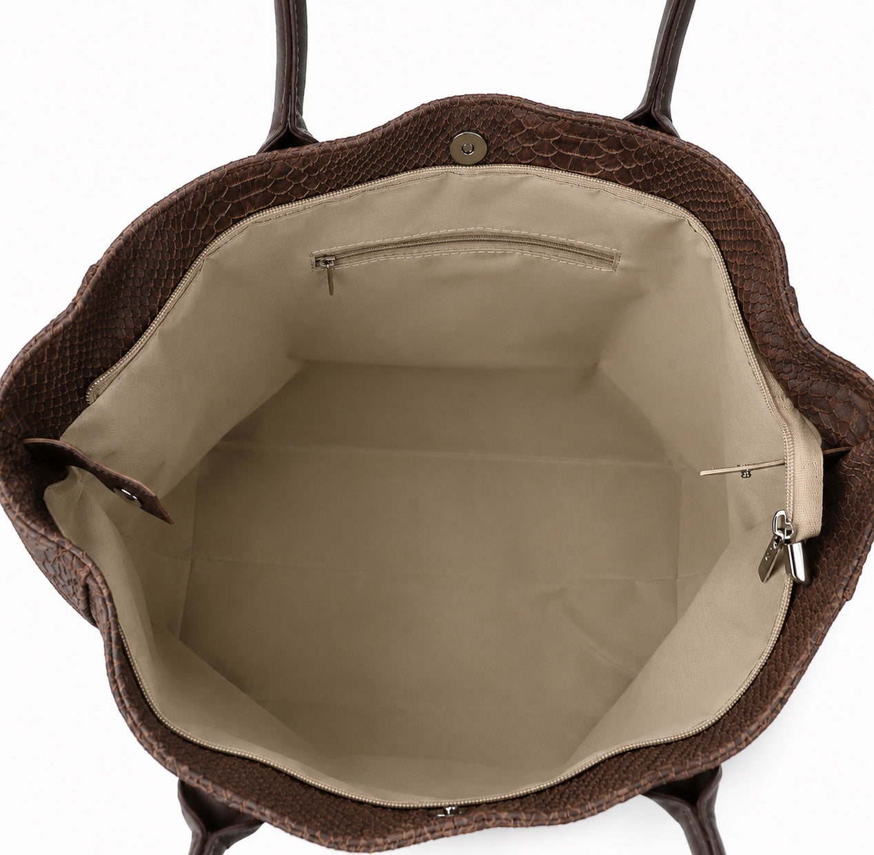 Eclectic Florenza chocolate brown suede shopper bag interior with zip pocket and magnetic closure, top-down view.