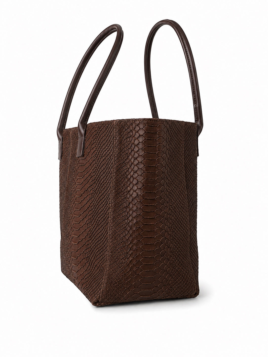 Eclectic Florenza chocolate brown suede shopper bag with a luxurious snake-print texture and elegant top handles.