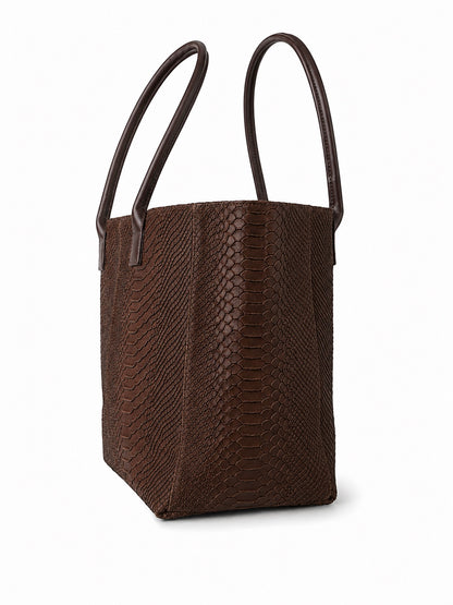 Eclectic Florenza chocolate brown suede shopper bag with a luxurious snake-print texture and elegant top handles.
