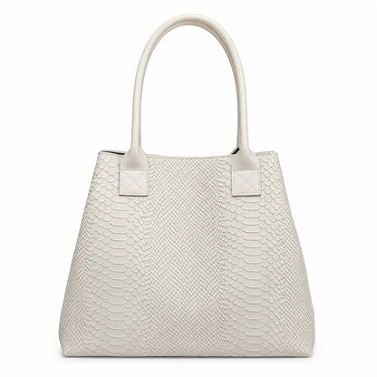 Eclectic Florenza cream suede shopper bag with snake-print texture and top handles, shown in a front view.