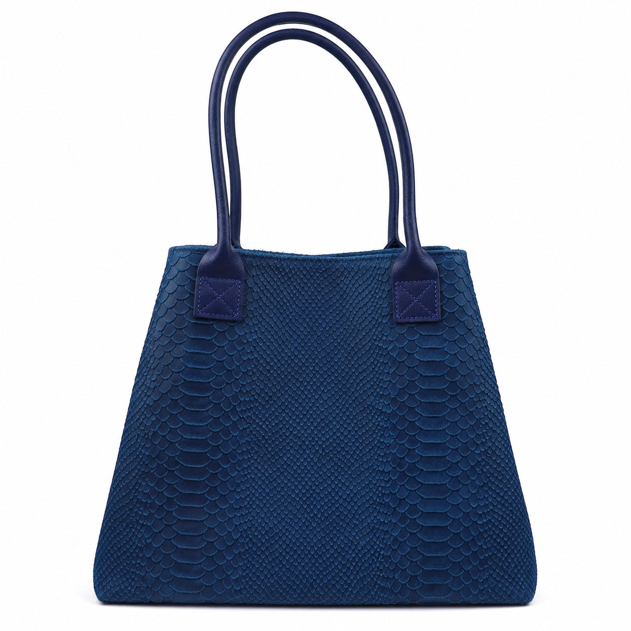 Eclectic Florenza denim blue suede shopper bag with snake-print texture and top handles on a white background.