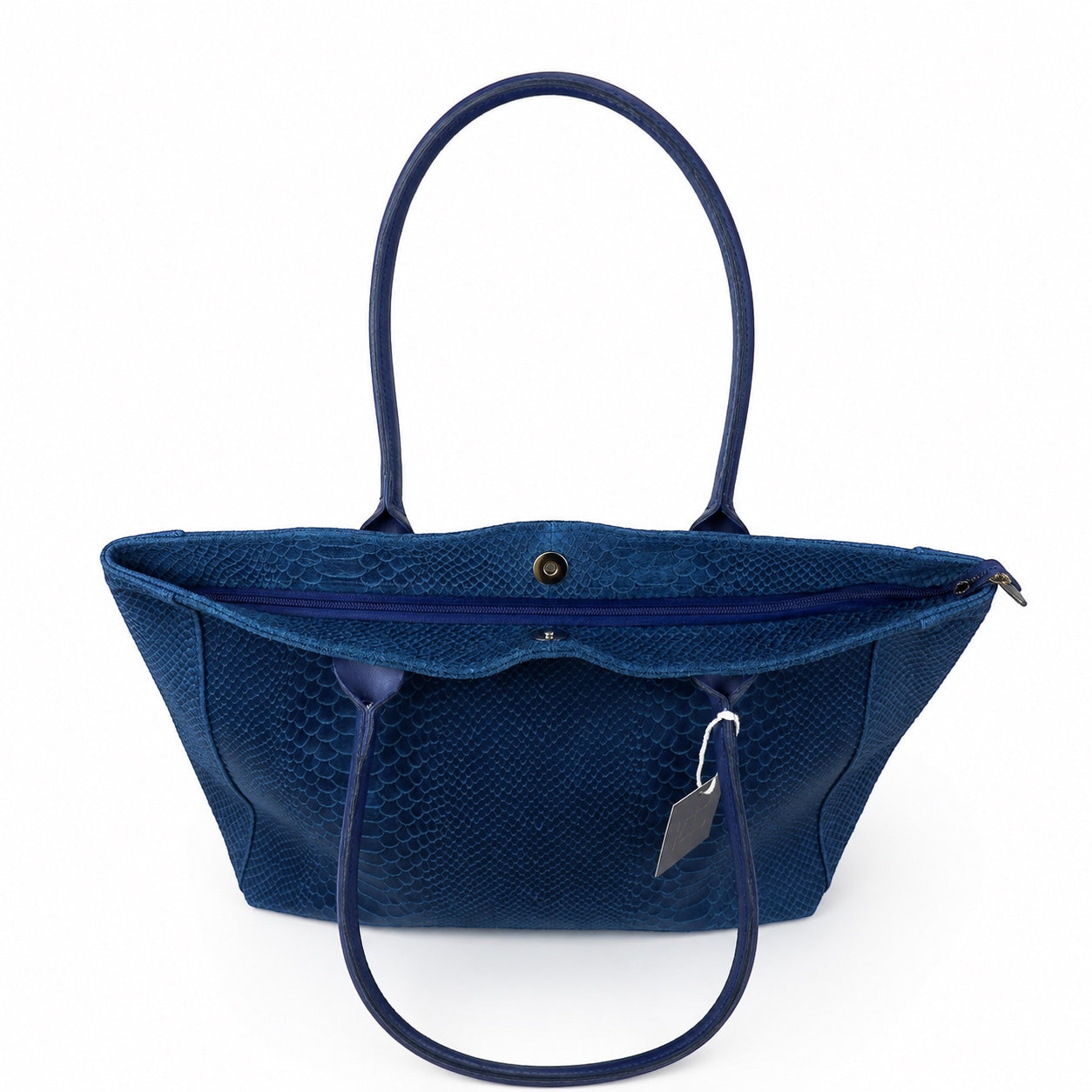 Eclectic Florenza denim blue suede shopper bag with snake-print texture and top handles, viewed from above.