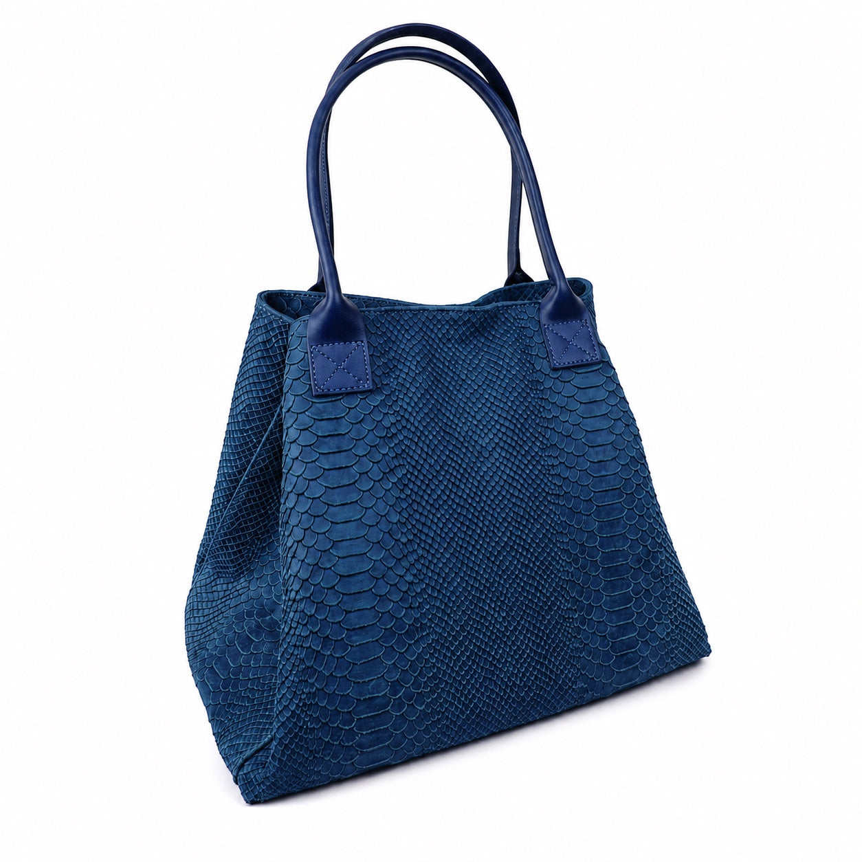 Eclectic Florenza denim blue suede shopper bag with snake-print texture and top handles on a white background.