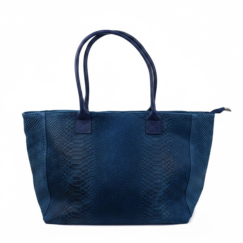 Eclectic Florenza denim blue suede shopper bag with a snake-print texture and top handles.