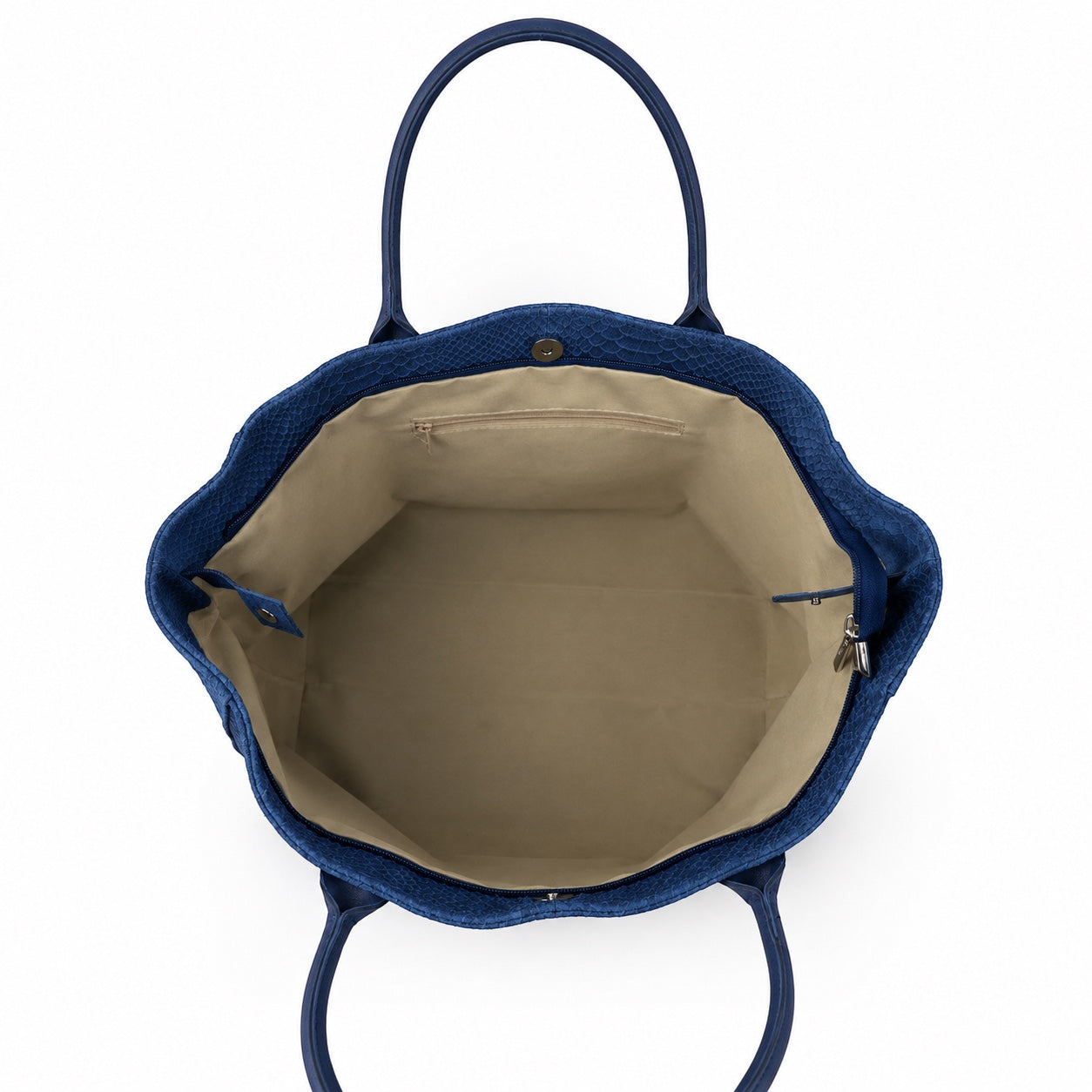 Eclectic Florenza denim blue suede shopper bag interior view showing beige lining and zip pocket