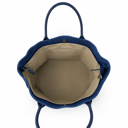 Eclectic Florenza denim blue suede shopper bag interior view showing beige lining and zip pocket