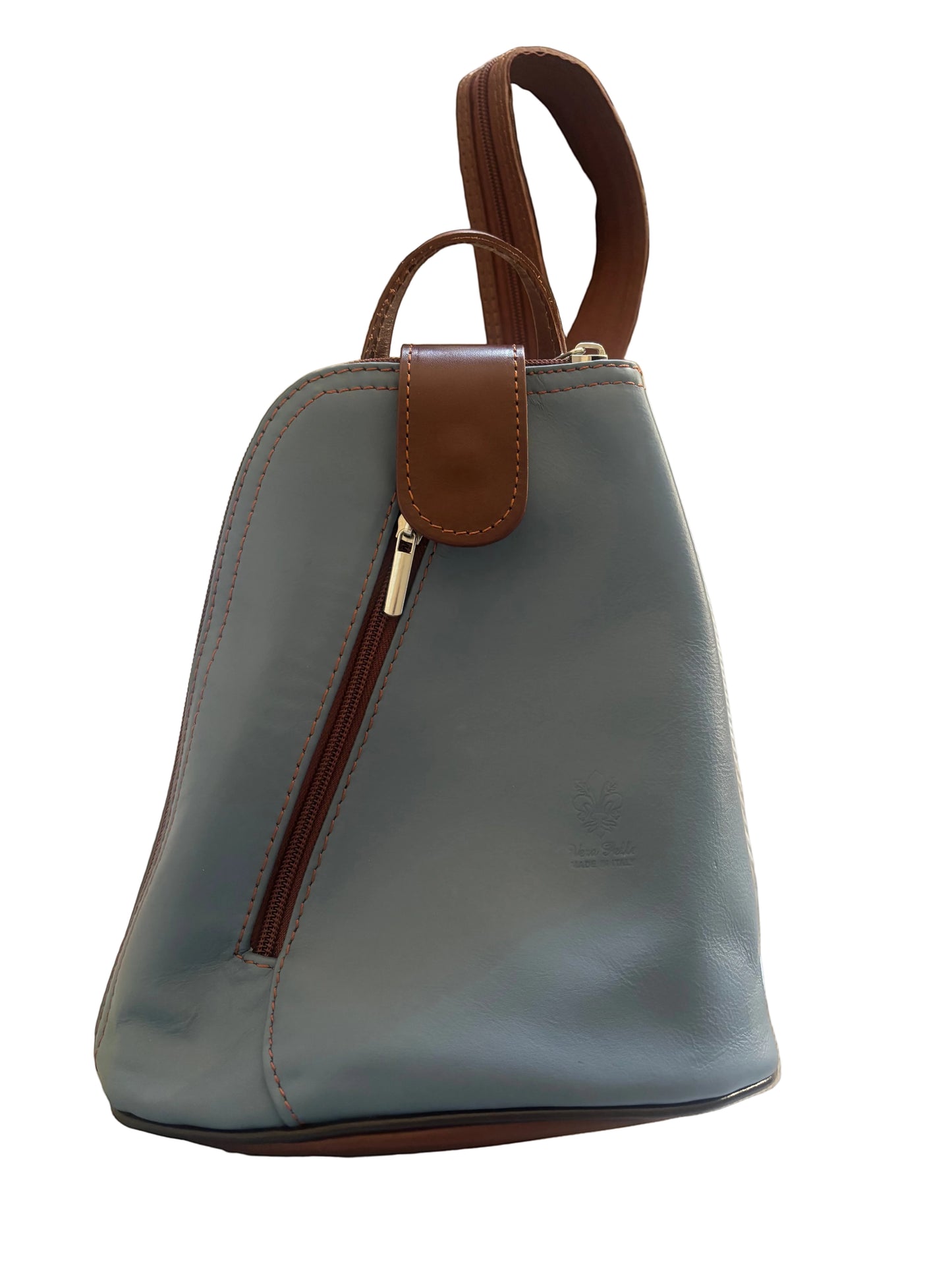 Eclectic Florenza duo-tone denim blue and tan leather convertible backpack with diagonal front zip pocket.
