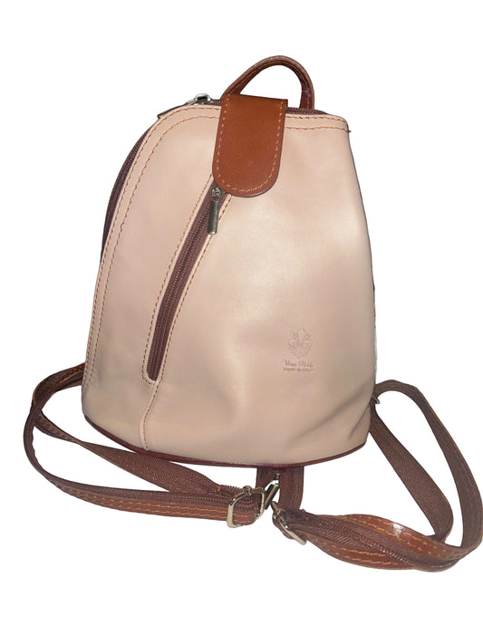 Eclectic Florenza duo-tone nude and tan Italian leather convertible backpack with diagonal front zip pocket