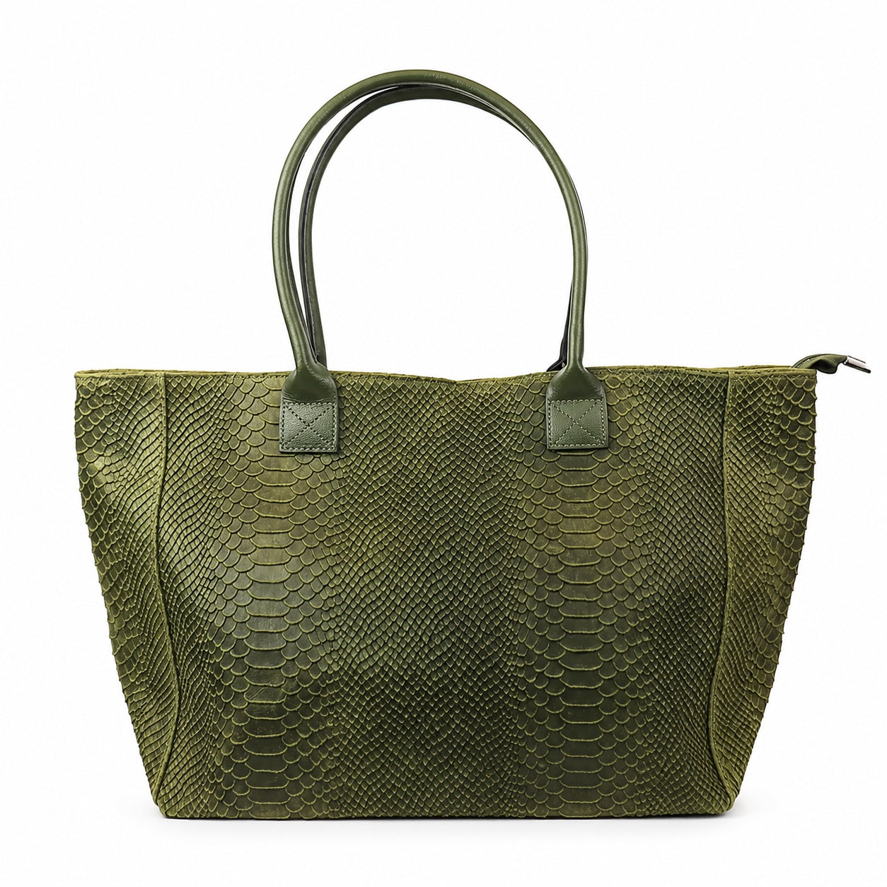 Eclectic Florenza olive suede shopper bag with snake-print texture and top handles, made in Italy.