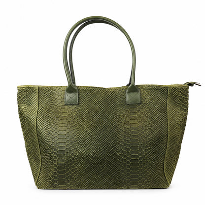 Eclectic Florenza olive suede shopper bag with snake-print texture and top handles, made in Italy.