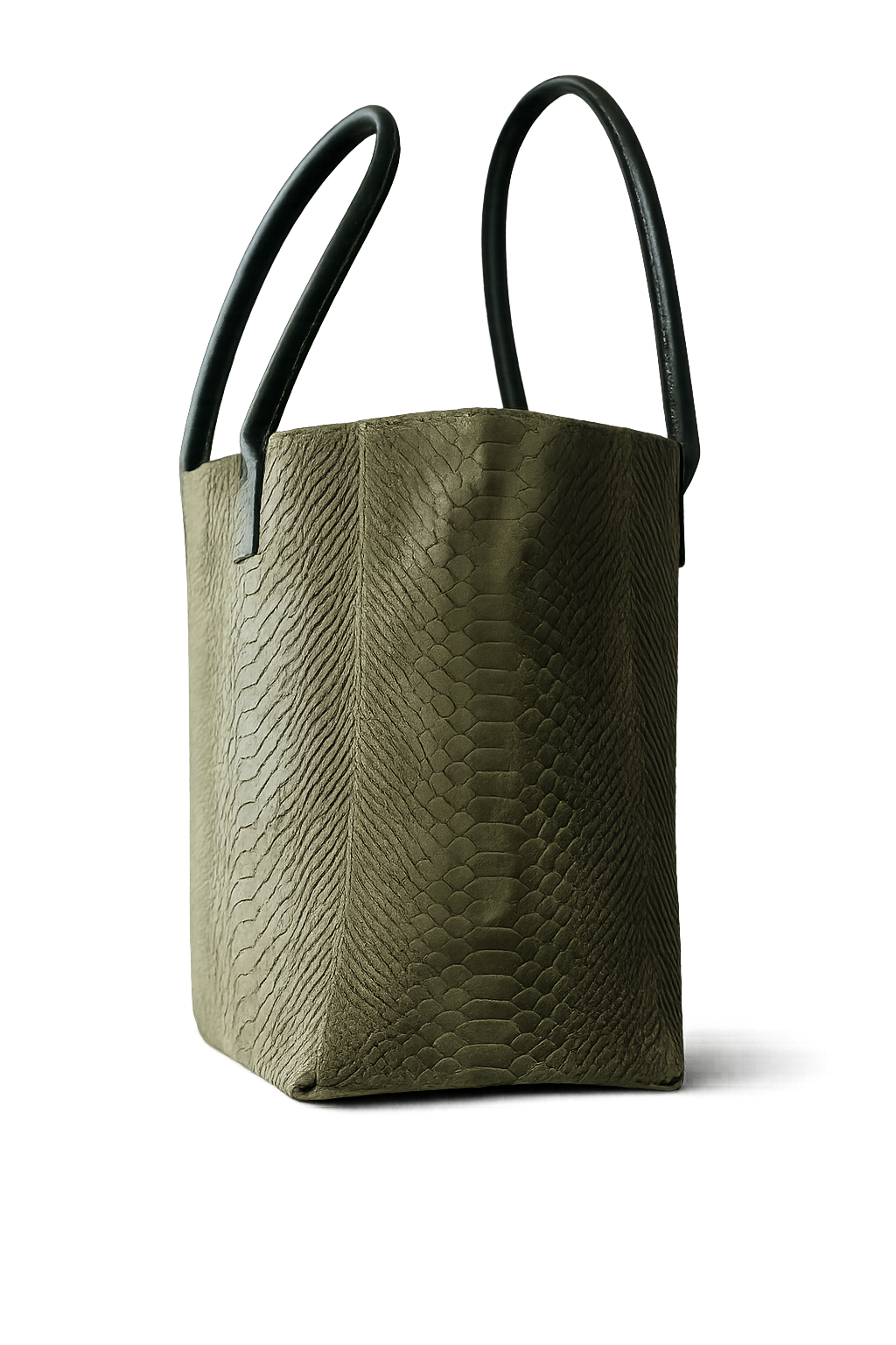 Eclectic Florenza olive suede shopper bag with a textured snake-print finish and dark top handles against a black background