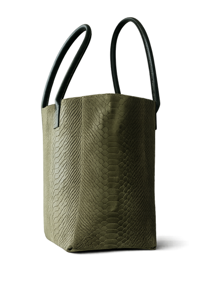 Eclectic Florenza olive suede shopper bag with a textured snake-print finish and dark top handles against a black background