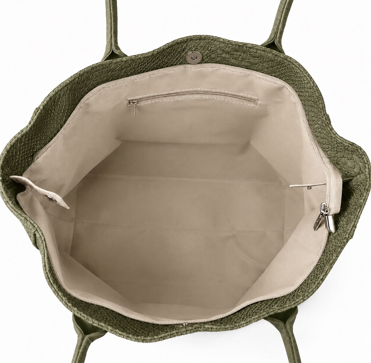 Eclectic Florenza olive suede shopper bag interior view showing beige lining, zip pocket, and magnetic closure