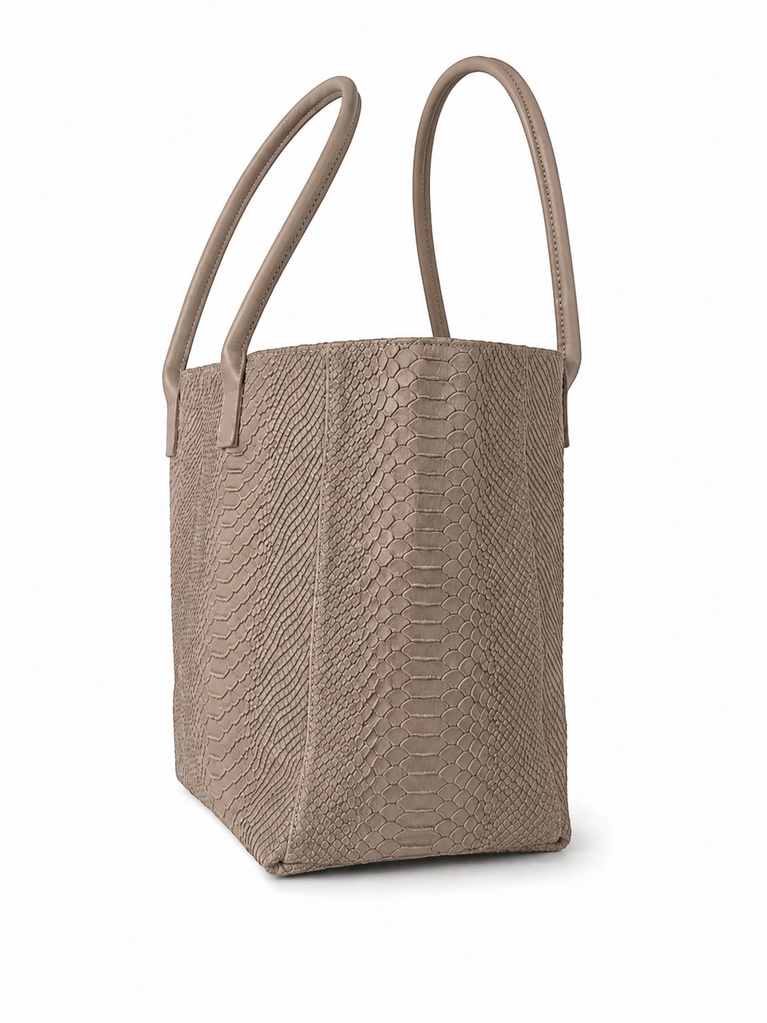 Eclectic Florenza taupe suede shopper bag with snake-print texture and top handles, side view.