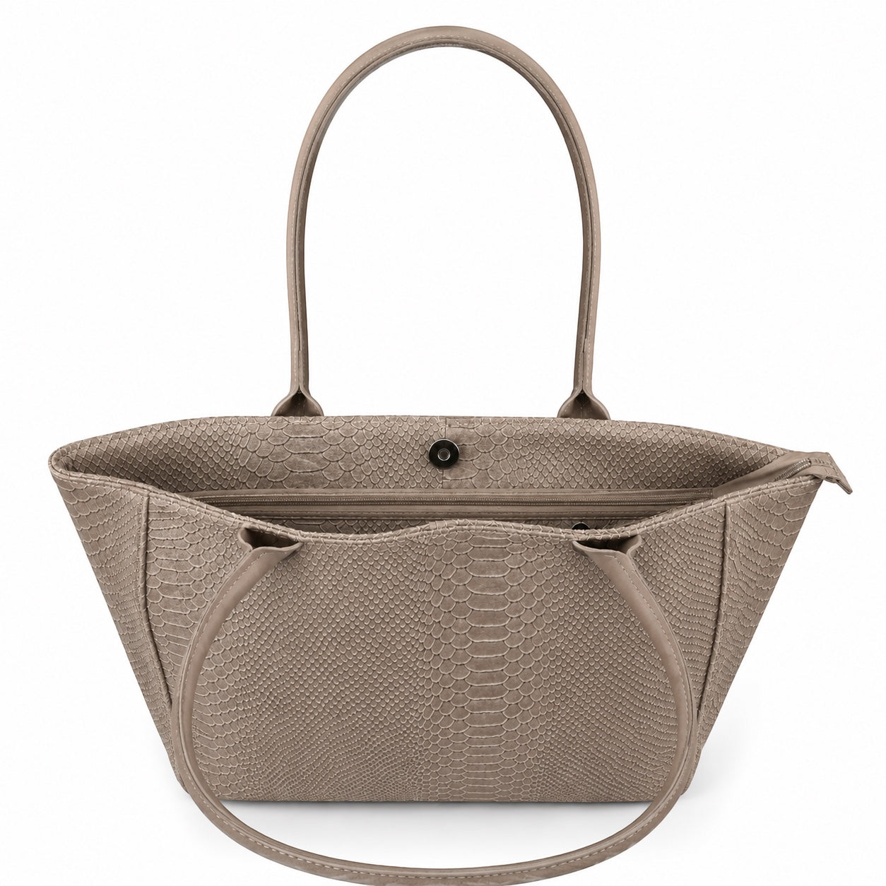 Eclectic Florenza taupe suede shopper bag with snake-print texture and convertible design on a white background.