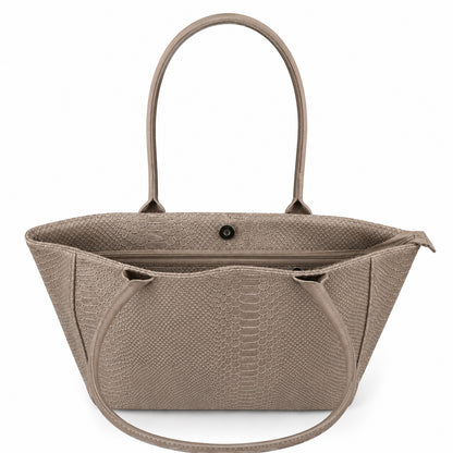 Eclectic Florenza taupe suede shopper bag with snake-print texture and convertible design on a white background.