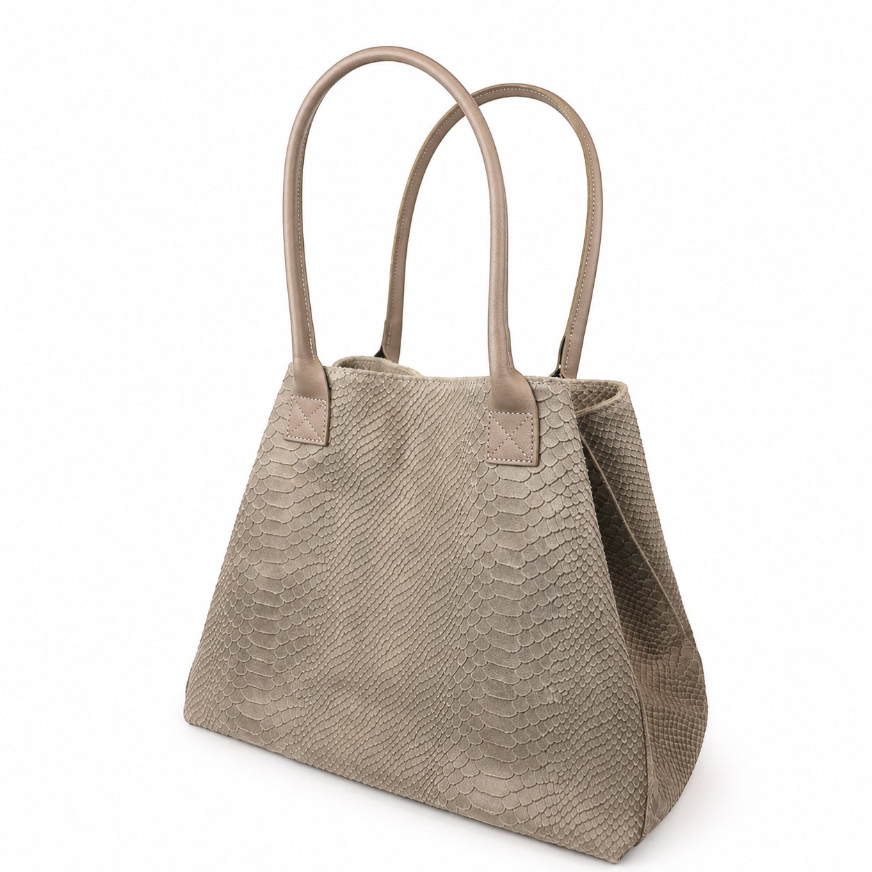 Eclectic Florenza taupe suede shopper bag with snake-print texture and top handles on a white background.
