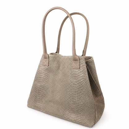 Eclectic Florenza taupe suede shopper bag with snake-print texture and top handles on a white background.