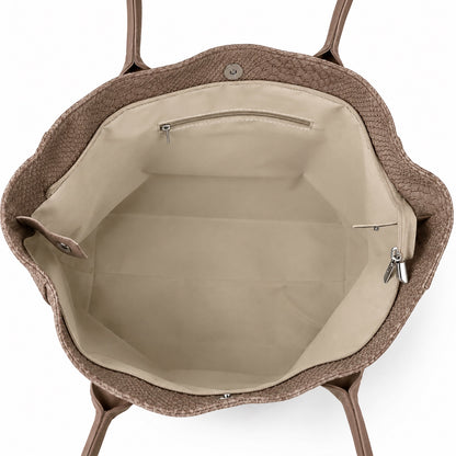 Eclectic Florenza taupe suede shopper bag interior showing fabric lining, zip pocket, and snake-print textured exterior.