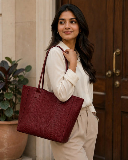 Eclectic Florenza wine snake-print suede shopper bag worn over the shoulder by a woman in a cream blouse