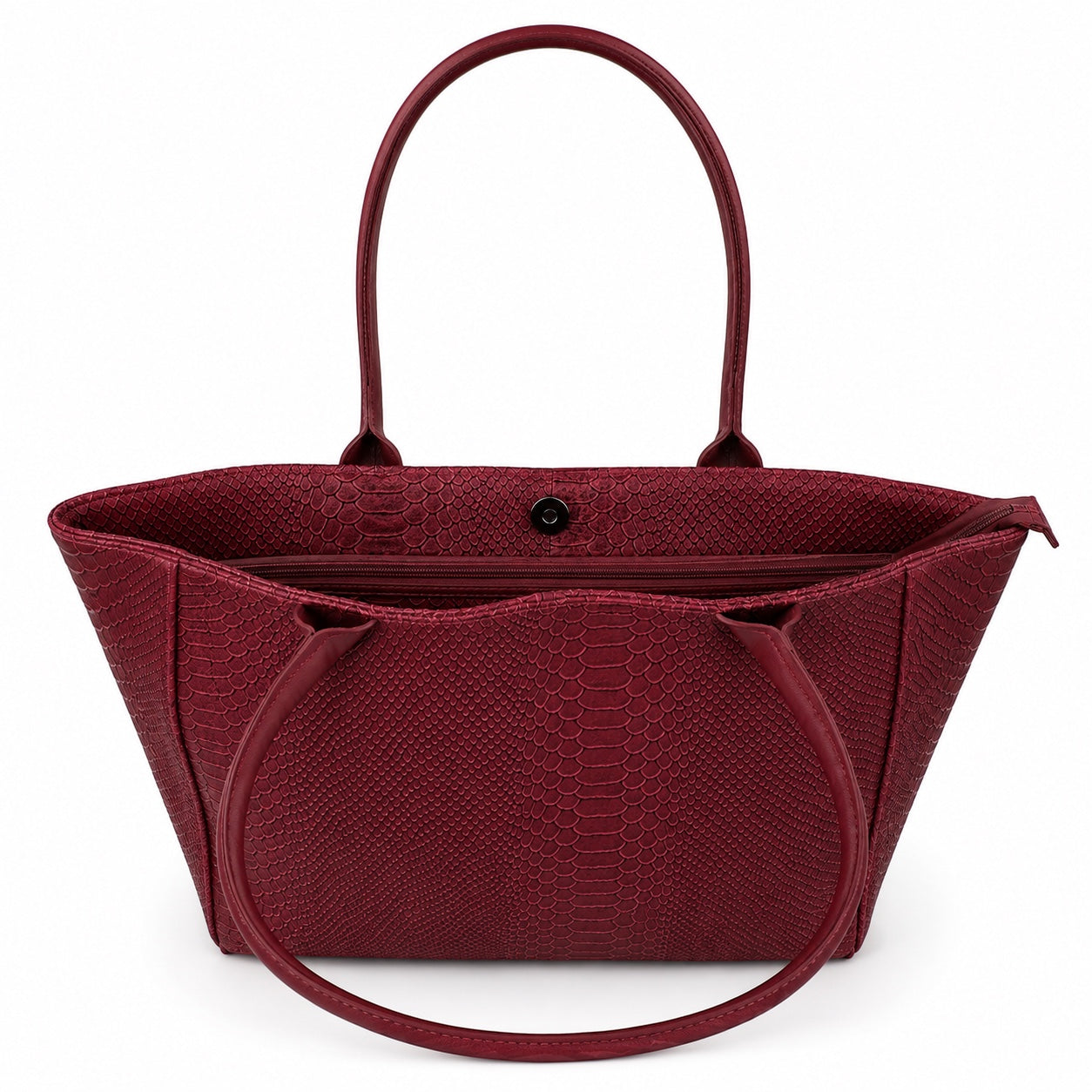 Eclectic Florenza wine suede shopper bag with snake-print texture, top handles, and central zip closure.