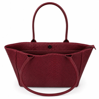 Eclectic Florenza wine suede shopper bag with snake-print texture, top handles, and central zip closure.