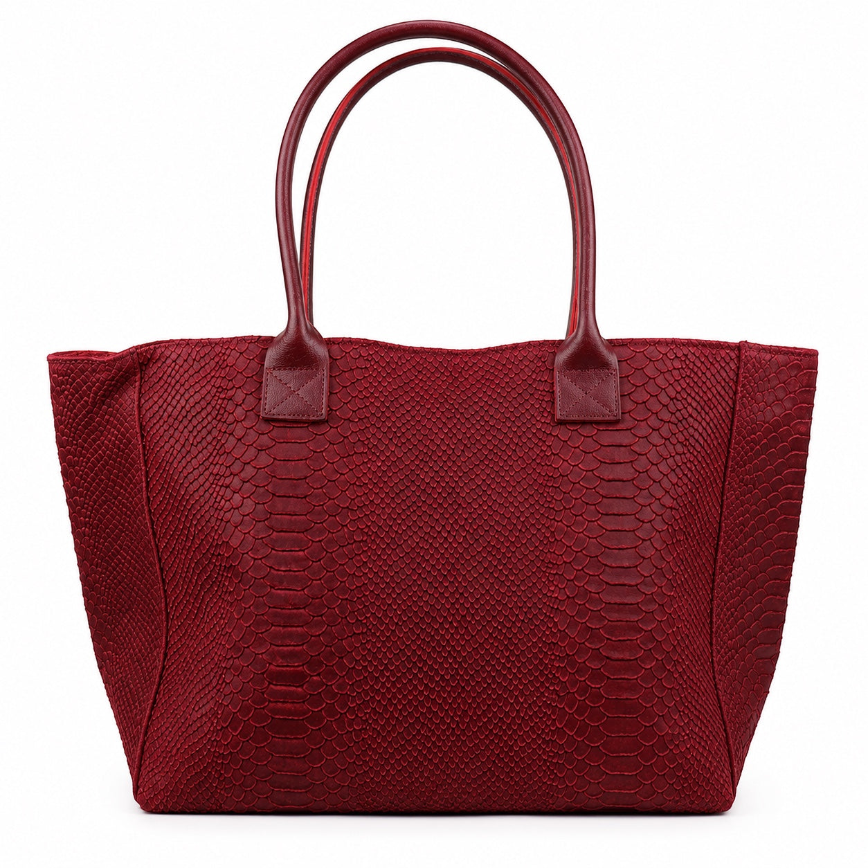 Eclectic Florenza wine suede shopper bag with snake-print texture and top handles, made in Italy.